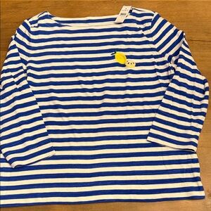 LOFT New Sz L Blue & White Striped 3/4 Sleeve Top with Yellow Lemon Logo